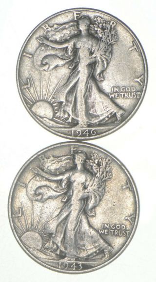 (2) 1943 & 1946 Walking Liberty Half Dollars 90 Silver $1.  00 Face 051