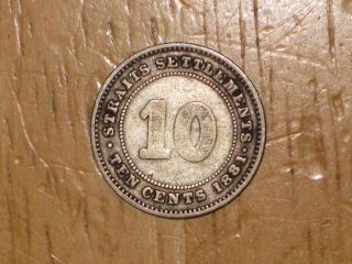 Straits Settlements 1881 Silver 10 Cents Coin Fine
