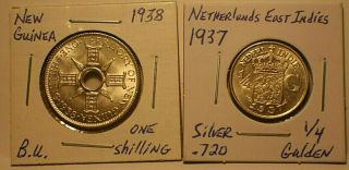 1938 Guinea Silver 1 Shilling Coin & 1937 Netherlands E.  Indies 1/4 Gulden