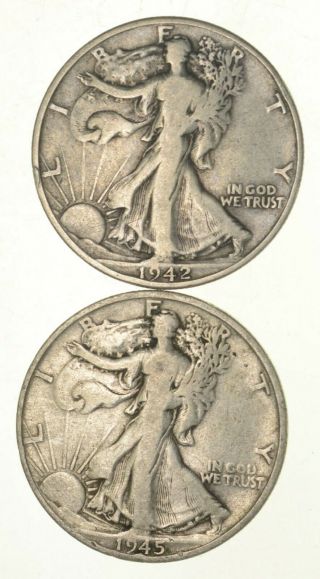 (2) 1942 - D & 1945 - S Walking Liberty Half Dollars 90 Silver $1.  00 Face 923