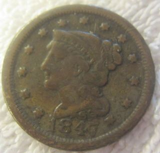 Vintage 1847 Braided Hair U.  S.  Large Cent,  Ungraded Penny Coin