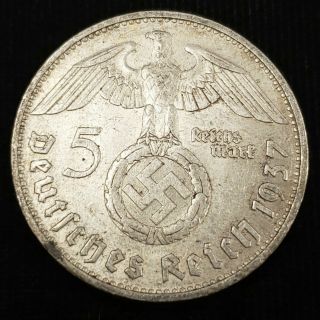 1937 D Germany 5 Reichsmark 13.  8gm.  900 Silver Paul Von Hindenburg Coin 2G5R3733 2