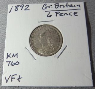 1892 Great Britain Sixpence,  Queen Victoria Old Silver Coin