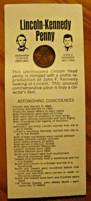 1974 JFK Kennedy Lincoln Penny Coincidence Card Commemorative Lucky Charm Cent A 2