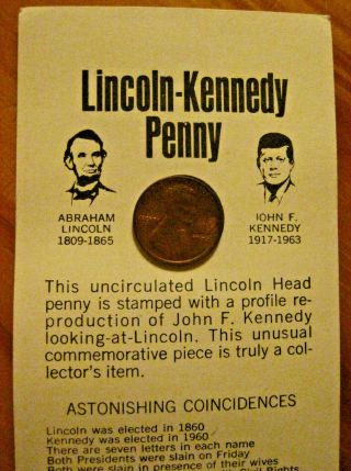 1974 JFK Kennedy Lincoln Penny Coincidence Card Commemorative Lucky Charm Cent A 3