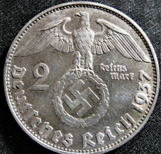 1937d 2 Mark Swastika German 62.  Silver Bullion Nazi Germany Ww2 3rd Reich Coin