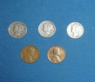 5 Rare Old Coins 3 Liberty Dimes & 2 Wheat Back Pennies