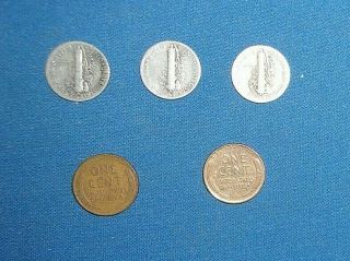 5 Rare Old Coins 3 Liberty Dimes & 2 Wheat Back Pennies 2