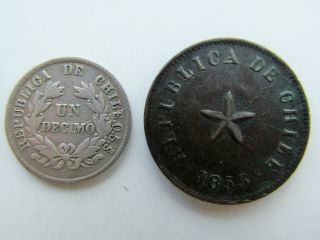 Chile,  Two Coins,  Medio Centavo 1853 & Un Decimo 1881