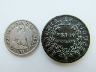 Chile,  two coins,  Medio Centavo 1853 & Un Decimo 1881 2