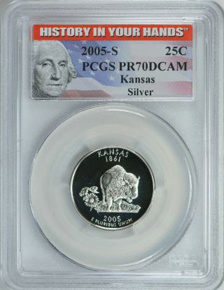 2005 - S Kansas Silver Proof Quarter 25c (history In Your Hands) Pcgs Pr70dcam