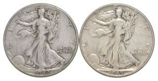(2) 1942 & 1945 Walking Liberty Half Dollars 90 Silver $1.  00 Face 023