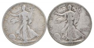 (2) 1936 & 1947 - D Walking Liberty Half Dollars 90 Silver $1.  00 Face 010