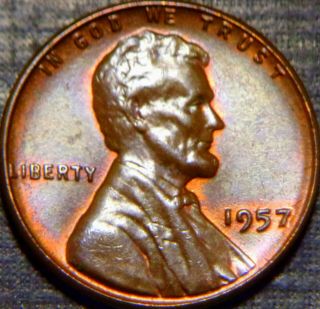 Rare 1957 - P Lincoln Cent Br/ Full Wheat Lines,  Rich Rainbow Toning Lqqk