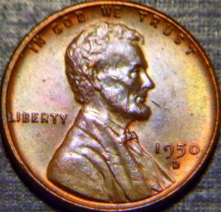Rare 1950 - D Lincoln Cent Br/ Full Wheat Lines,  Rich Rainbow Toning Lqqk