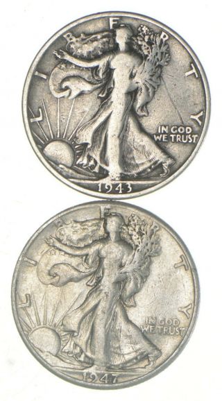 (2) 1943 - S & 1947 - D Walking Liberty Half Dollars 90 Silver $1.  00 Face 721