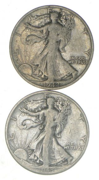 (2) 1942 - S & 1945 - D Walking Liberty Half Dollars 90 Silver $1.  00 Face 707