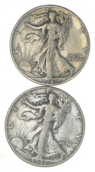 (2) 1941 - D & 1947 - D Walking Liberty Half Dollars 90 Silver $1.  00 Face 702