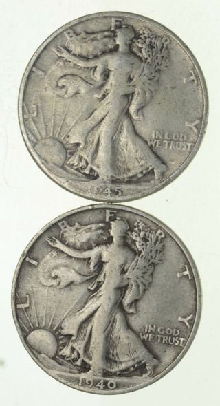 (2) 1940 - S & 1945 - D Walking Liberty Half Dollars 90 Silver $1.  00 Face 834