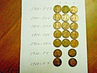 SET OF 19 LINCOLN PDS WHEAT CENTS 1916,  17,  18,  19,  20,  21,  23 COMPLETE 2