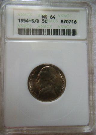 1954 S/d Omm Anacs Jefferson Nickel Ms64 S Over D Over Mark