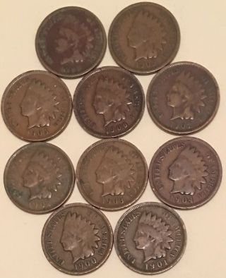 1900 1901 1902 1903 1904 1905 1906 1907 1908 1909 Vg - Fine Indian Head Cents