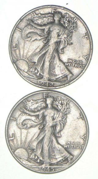 (2) 1942 & 1945 Walking Liberty Half Dollars 90 Silver $1.  00 Face 062