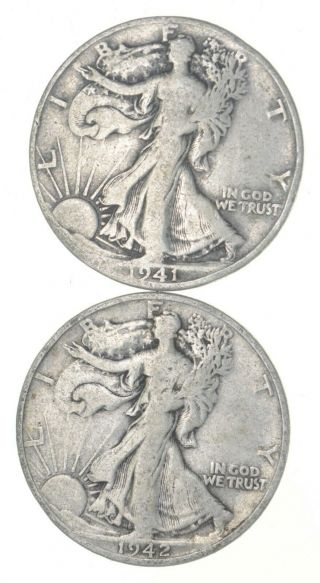(2) 1941 - D & 1942 - S Walking Liberty Half Dollars 90 Silver $1.  00 Face 964