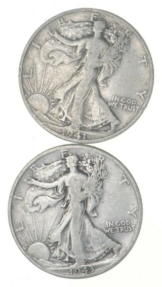 (2) 1941 - D & 1943 - D Walking Liberty Half Dollars 90 Silver $1.  00 Face 962