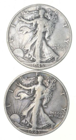(2) 1943 - S & 1945 - D Walking Liberty Half Dollars 90 Silver $1.  00 Face 943