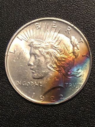 1922 Silver Peace Dollar $1 Rainbow Toned 90 Silver