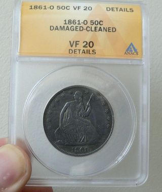 1861 - O Liberty Seated Half Dollar Anacs Vf20 Details.  Famous Civil War Issue