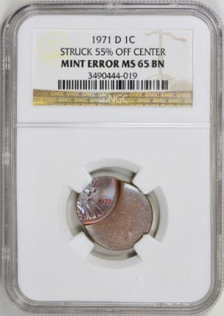 1971 - D Lincoln Cent 55 Off Center Error Ngc Ms65bn - Beautifully Toned