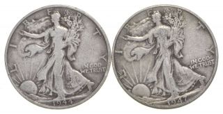 (2) 1944 - S & 1947 - D Walking Liberty Half Dollars 90 Silver $1.  00 Face 014