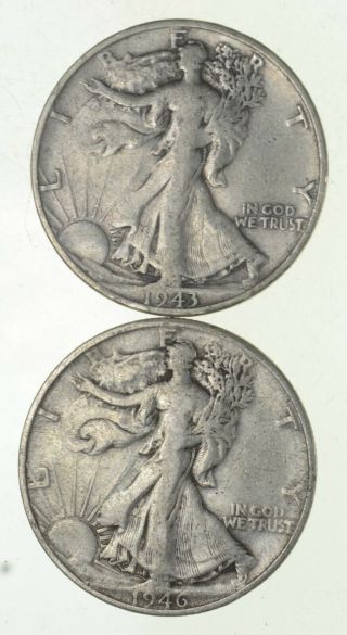 (2) 1943 - S & 1946 - D Walking Liberty Half Dollars 90 Silver $1.  00 Face 746