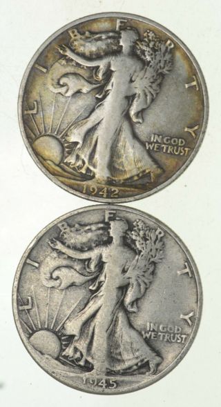 (2) 1942 - S & 1945 - D Walking Liberty Half Dollars 90 Silver $1.  00 Face 750