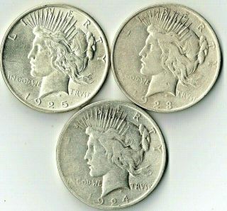 ✅3 Silver Peace Dollars.  1923 - D,  1924,  & 1925.  90 Silver