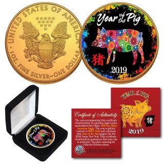 2019 Lunar Year Of The Pig 24k Gold Gilded 1 Oz American Silver Eagle Polychrome