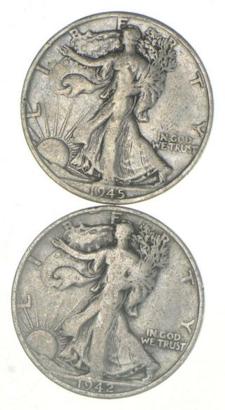 (2) 1942 - S & 1945 - D Walking Liberty Half Dollars 90 Silver $1.  00 Face 709
