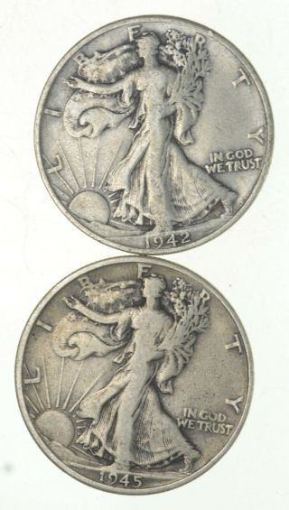 (2) 1942 - D & 1945 - D Walking Liberty Half Dollars 90 Silver $1.  00 Face 777