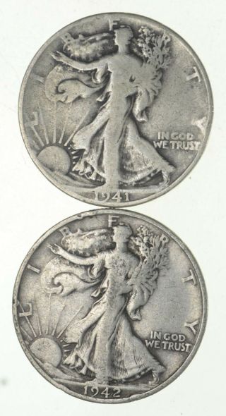 (2) 1941 - D & 1942 - S Walking Liberty Half Dollars 90 Silver $1.  00 Face 766