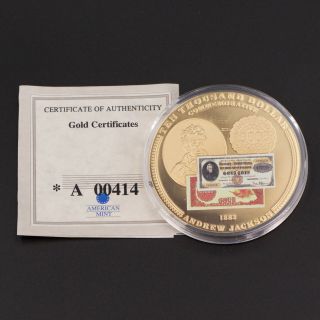 24k Gold Clad Gold Certificate $10000 Banknote Jackson Commemorative Coin