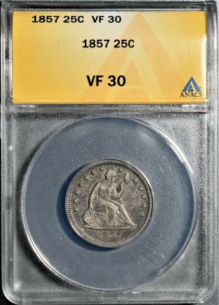1857 25c Silver Seated Liberty Quarter,  Certified By Anacs Vf30,  Ek25
