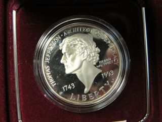 1993 U.  S Thomas Jefferson 250th Anniversary Silver Dollar Proof Coin