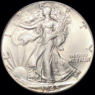 1945 - D Walking Half Dollar Highly Uncirculated Denver Ms Bu Liberty Silver Coin