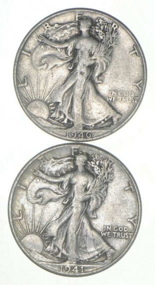 (2) 1941 & 1946 Walking Liberty Half Dollars 90 Silver $1.  00 Face 041