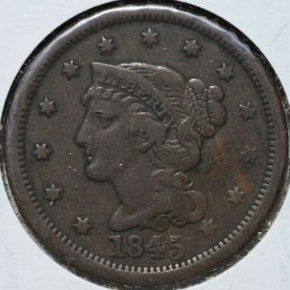 1845 1c Braided Hair Large Cent Early Copper Type Coin Circulated ::: Fine
