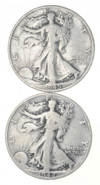 (2) 1942 - S & 1945 - D Walking Liberty Half Dollars 90 Silver $1.  00 Face 965