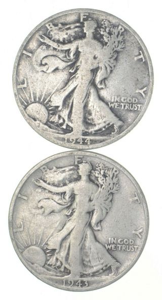 (2) 1943 - S & 1944 - D Walking Liberty Half Dollars 90 Silver $1.  00 Face 936