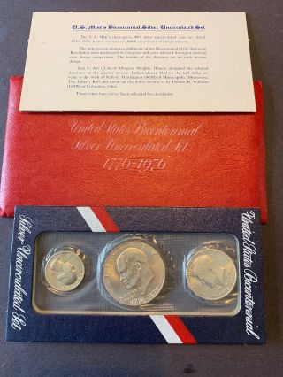 1776 - 1976 U.  S.  Bicentennial Silver Uncirculated 3 Coin Set W/ Envelope